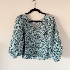A New Day Floral Long Sleeve V-Neck Balloon Sleeve Blouse Top Blue Business
